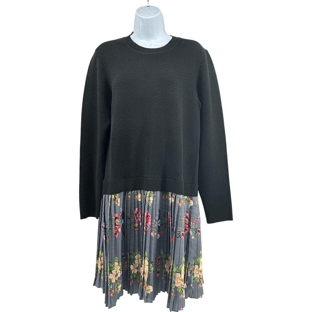 Ted Baker Drop Waist Knit Sweater Dress Floral Pleated‎ Skirt 4 Size US 10 Black